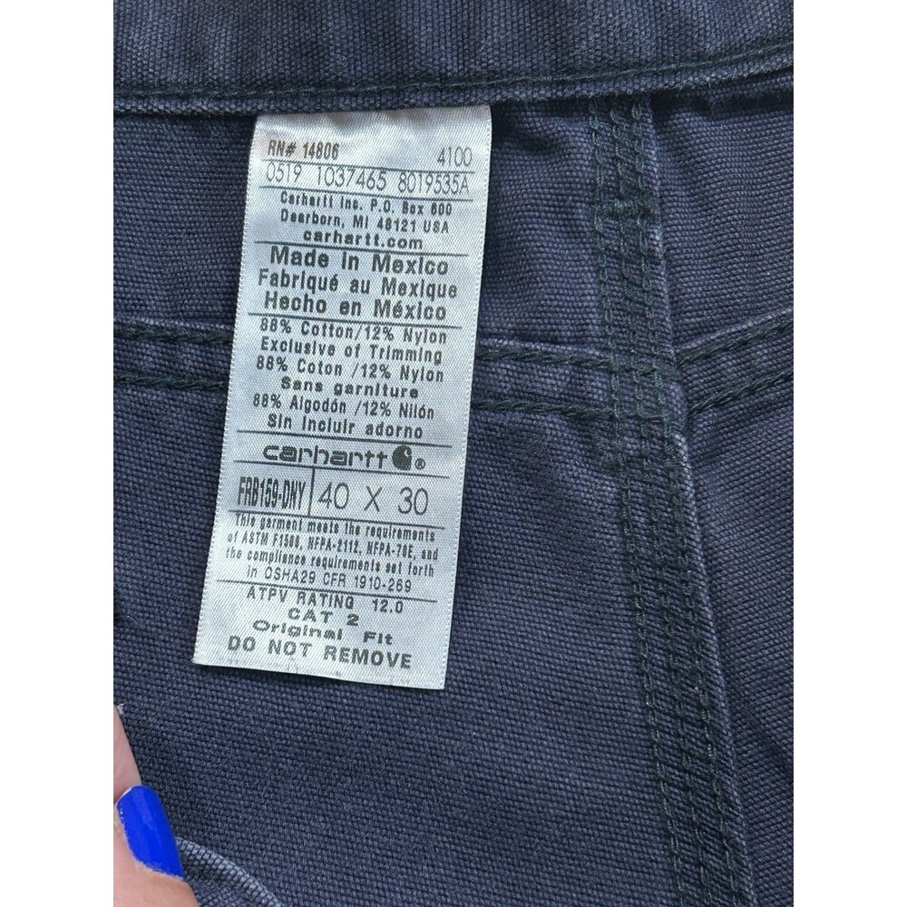 Carhartt FR Flame Resistant Pants Mens 40 X30 Blue Canvas Cat 2 Carpenter Pants - Picture 3 of 9
